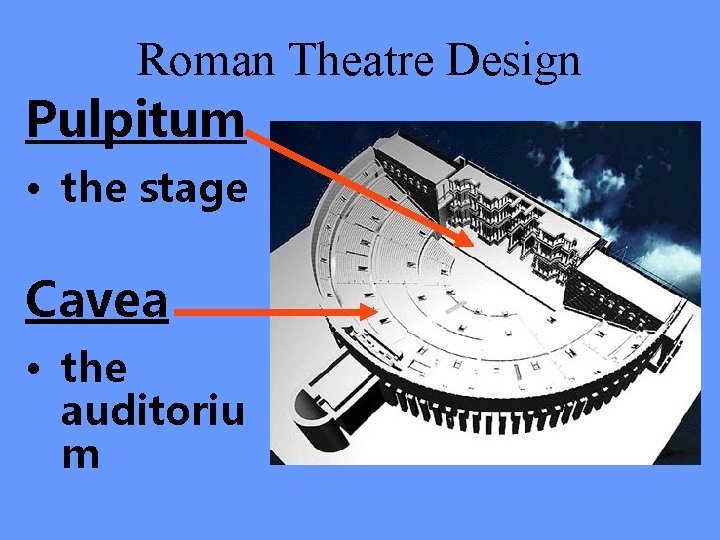 Roman Theatre Design Pulpitum • the stage Cavea • the auditoriu m 