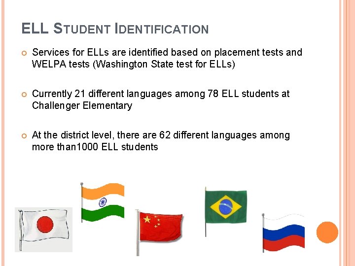 ELL STUDENT IDENTIFICATION Services for ELLs are identified based on placement tests and WELPA