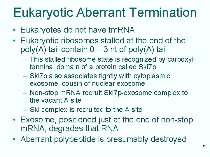 Eukaryotic Aberrant Termination • Eukaryotes do not have tm. RNA • Eukaryotic ribosomes stalled