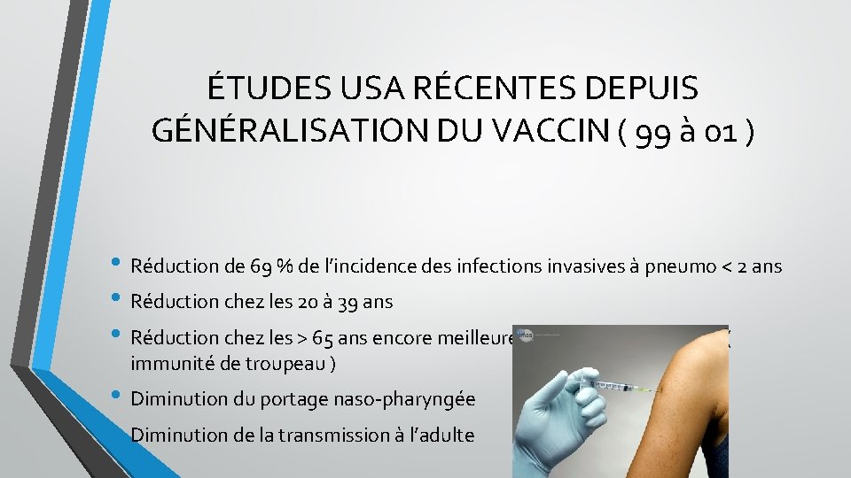 ÉTUDES USA RÉCENTES DEPUIS GÉNÉRALISATION DU VACCIN ( 99 à 01 ) • Réduction