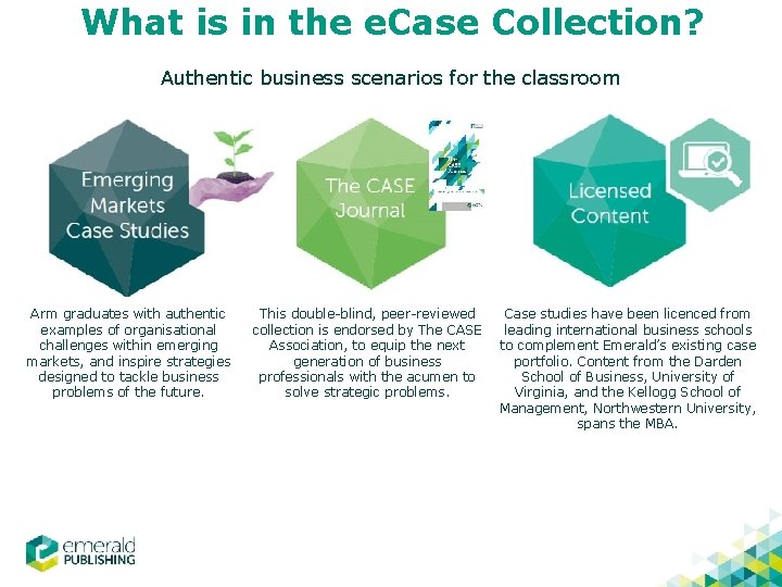 What is in the e. Case Collection? Authentic business scenarios for the classroom Arm
