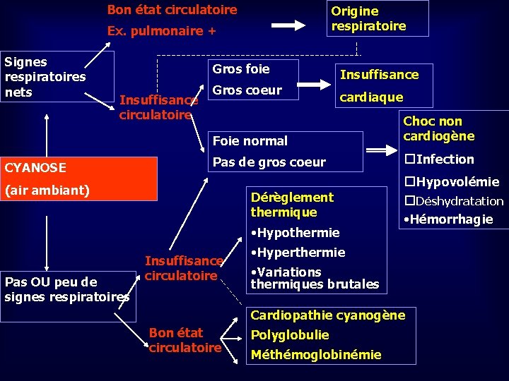 Bon état circulatoire Origine respiratoire Ex. pulmonaire + Signes respiratoires nets Gros foie Insuffisance