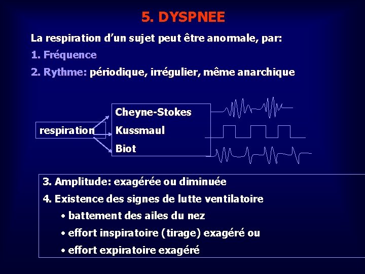 5. DYSPNEE La respiration d’un sujet peut être anormale, par: 1. Fréquence 2. Rythme: