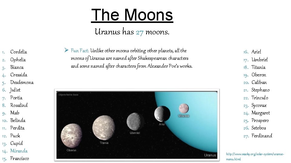 The Moons Uranus has 27 moons. 1. 2. 3. 4. 5. 6. 7. 8.