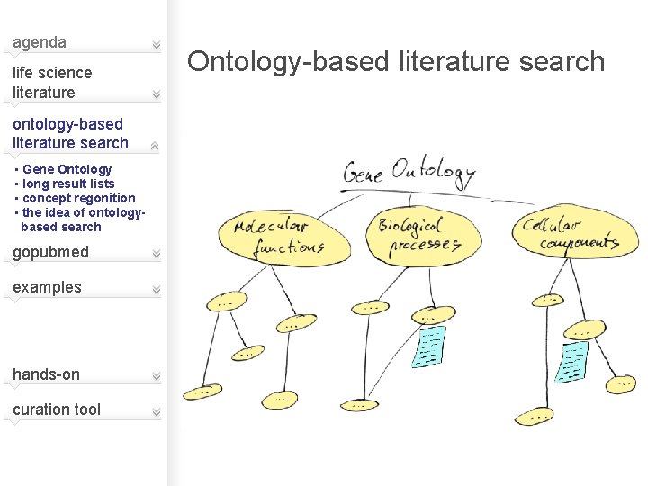 agenda life science literature ontology-based literature search • Gene Ontology • long result lists