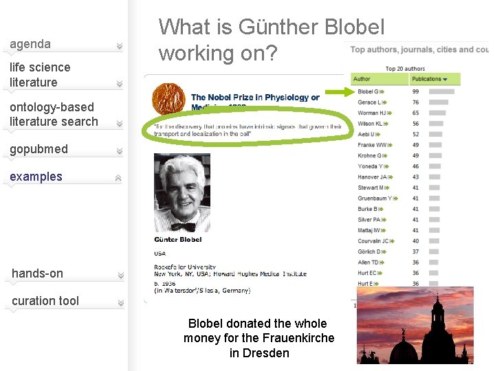 agenda life science literature What is Günther Blobel working on? ontology-based literature search gopubmed