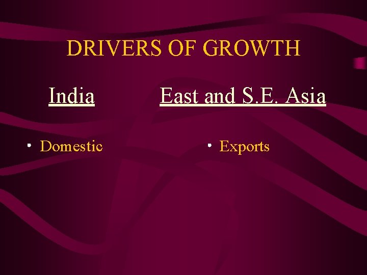 DRIVERS OF GROWTH India East and S. E. Asia Domestic Exports 