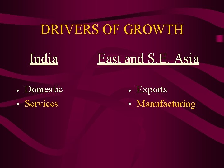 DRIVERS OF GROWTH India Domestic Services East and S. E. Asia Exports Manufacturing 