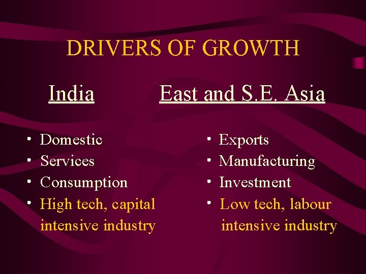 DRIVERS OF GROWTH India Domestic Services Consumption High tech, capital intensive industry East and