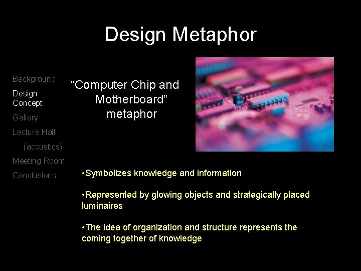 Design Metaphor Background Design Concept Gallery “Computer Chip and Motherboard” metaphor Lecture Hall (acoustics)