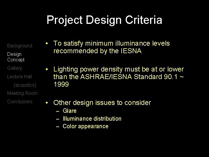Project Design Criteria Background Design Concept Gallery Lecture Hall (acoustics) • To satisfy minimum