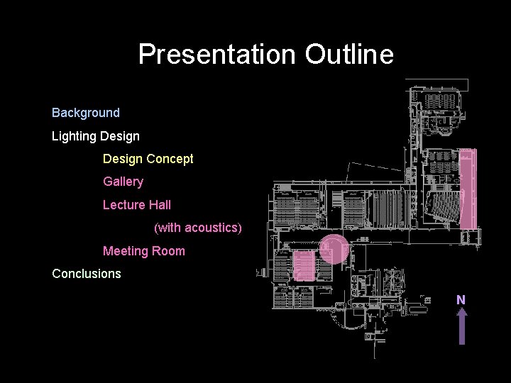 Presentation Outline Background Design. Lighting Design Concept Gallery Lecture Hall (acoustics) Design Concept Gallery