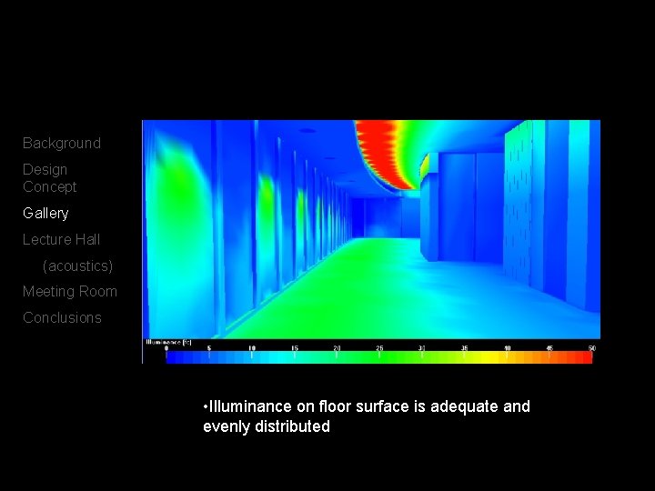 Background Design Concept Gallery Lecture Hall (acoustics) Meeting Room Conclusions • Illuminance on floor