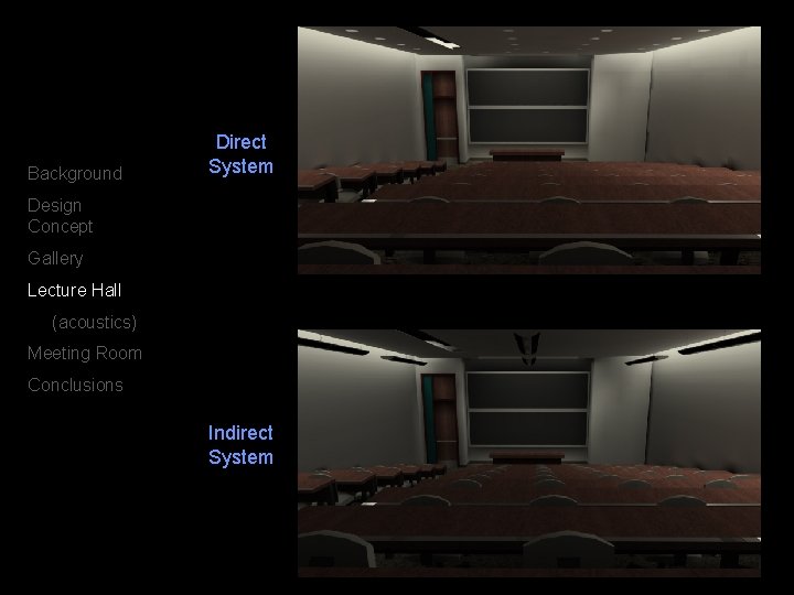Background Direct System Design Concept Gallery Lecture Hall (acoustics) Meeting Room Conclusions Indirect System
