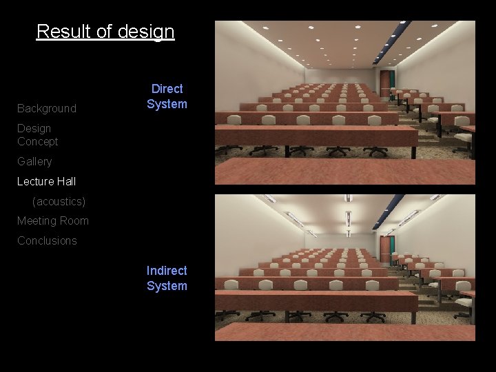 Result of design Background Direct System Design Concept Gallery Lecture Hall (acoustics) Meeting Room