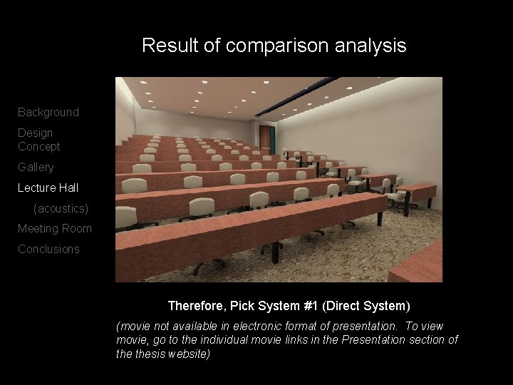 Result of comparison analysis Background Design Concept Gallery Lecture Hall (acoustics) Meeting Room Conclusions