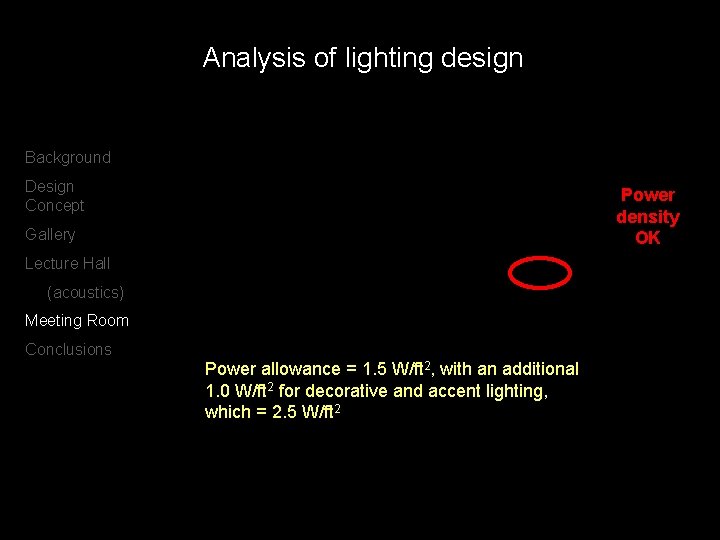 Analysis of lighting design Background Design Concept Power density OK Gallery Lecture Hall (acoustics)