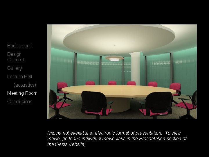 Background Design Concept Gallery Lecture Hall (acoustics) Meeting Room Conclusions (movie not available in