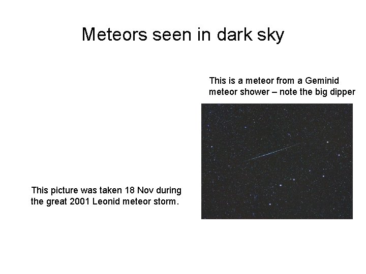 Meteors seen in dark sky This is a meteor from a Geminid meteor shower