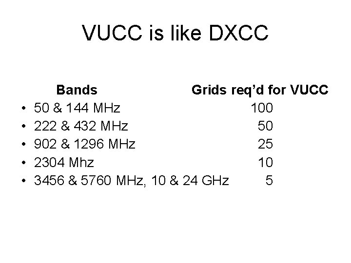 VUCC is like DXCC • • • Bands Grids req’d for VUCC 50 &