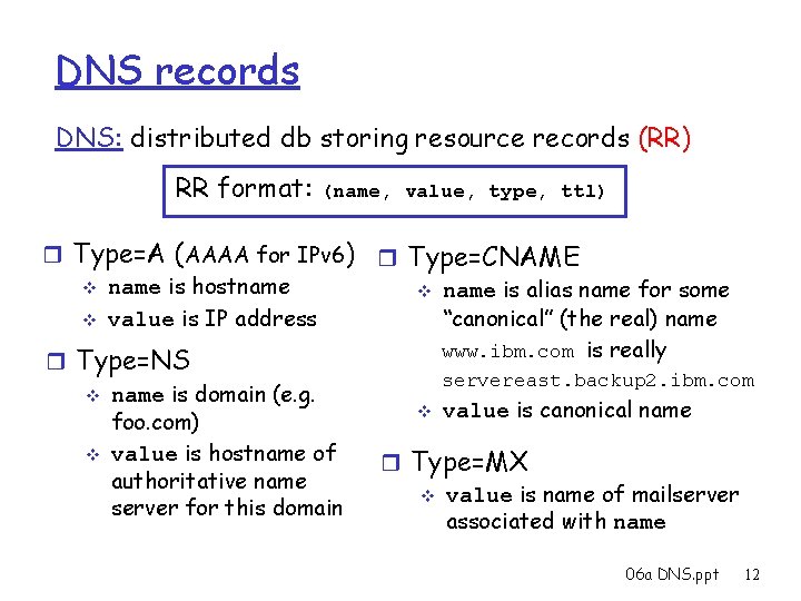 DNS records DNS: distributed db storing resource records (RR) RR format: (name, value, type,