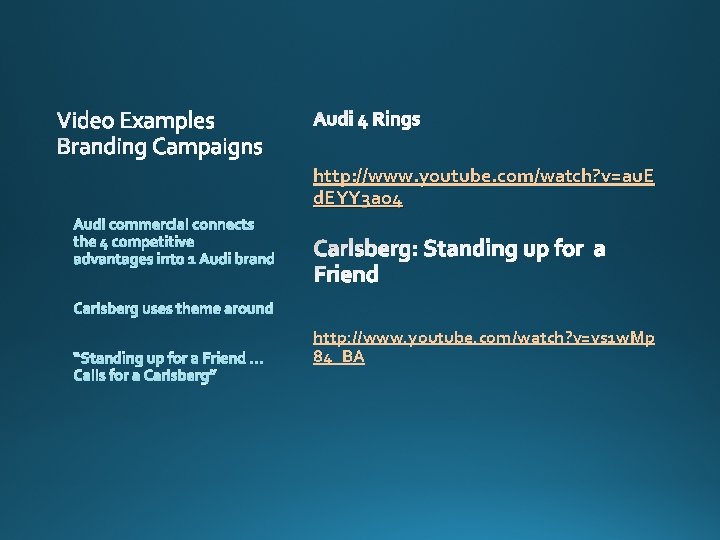 Video Examples Branding Campaigns Audi 4 Rings http: //www. youtube. com/watch? v=au. E d.