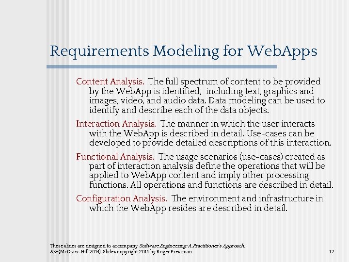 Requirements Modeling for Web. Apps Content Analysis. The full spectrum of content to be Requirements Modeling for Web. Apps Content Analysis. The full spectrum of content to be