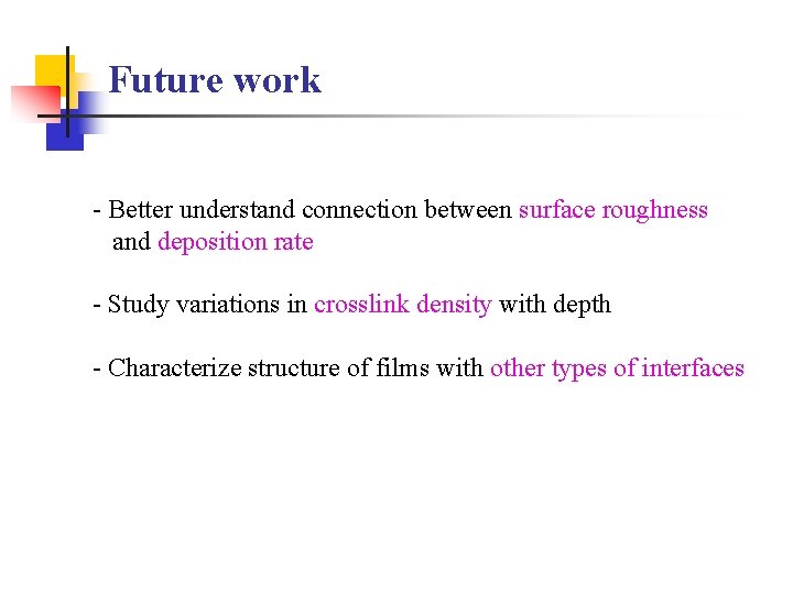 Future work - Better understand connection between surface roughness and deposition rate - Study