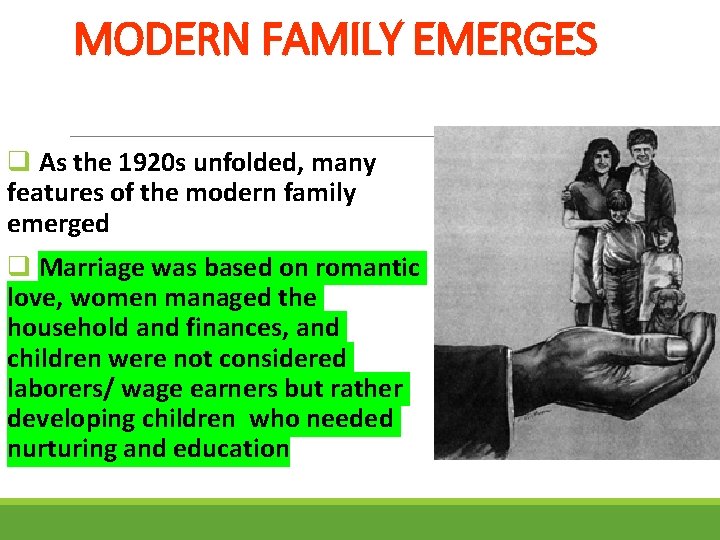 MODERN FAMILY EMERGES q As the 1920 s unfolded, many features of the modern