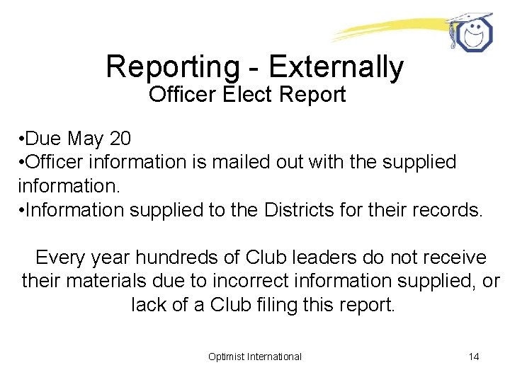 Reporting - Externally Officer Elect Report • Due May 20 • Officer information is