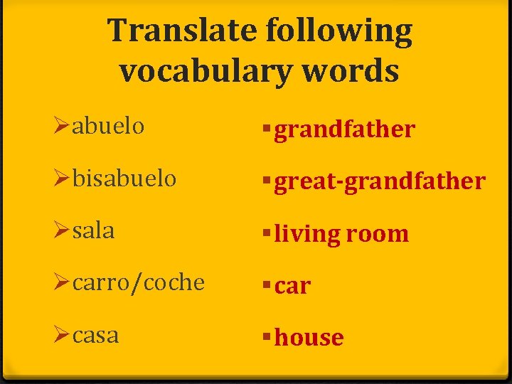 Translate following vocabulary words Øabuelo § grandfather Øbisabuelo § great-grandfather Øsala § living room