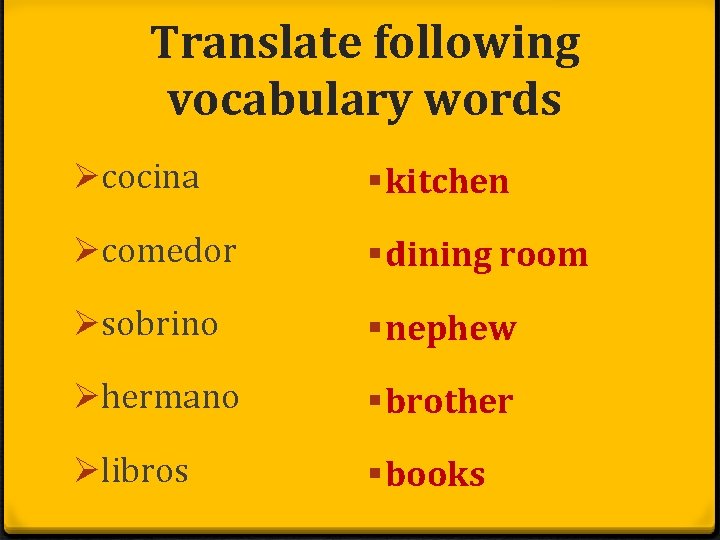 Translate following vocabulary words Øcocina § kitchen Øcomedor § dining room Øsobrino § nephew