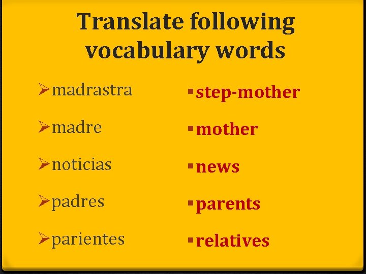 Translate following vocabulary words Ømadrastra § step-mother Ømadre § mother Ønoticias § news Øpadres