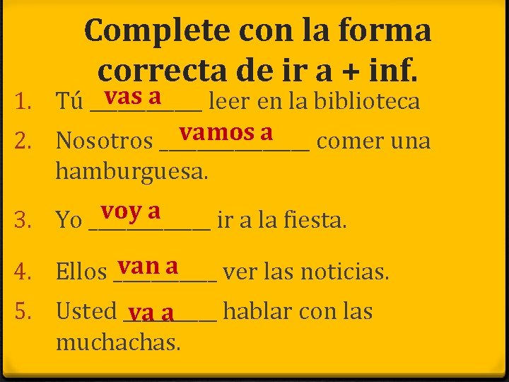 Complete con la forma correcta de ir a + inf. vas a 1. Tú