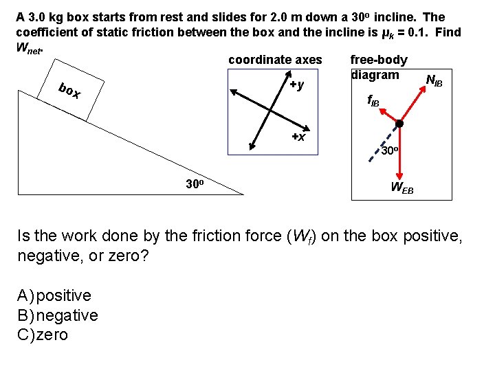 A 3. 0 kg box starts from rest and slides for 2. 0 m