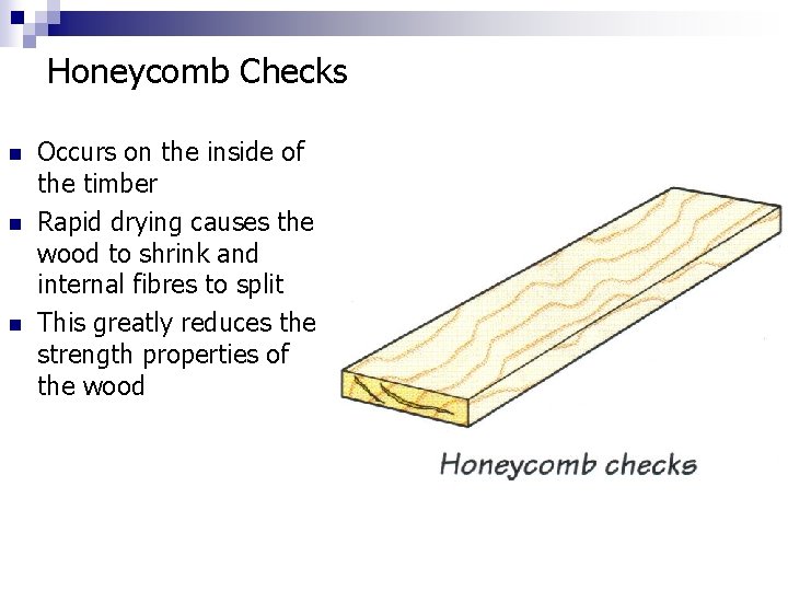 Honeycomb Checks n n n Occurs on the inside of the timber Rapid drying