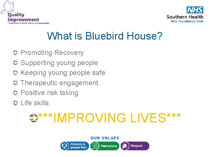 What is Bluebird House? Promoting Recovery Supporting young people Keeping young people safe Therapeutic