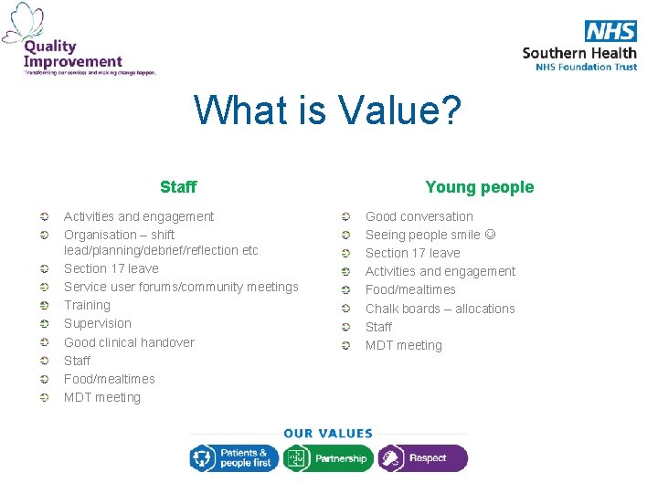 What is Value? Staff Activities and engagement Organisation – shift lead/planning/debrief/reflection etc Section 17