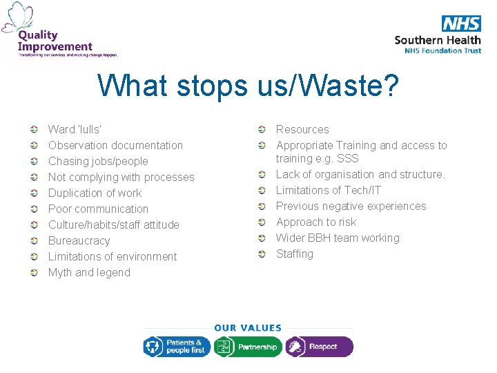 What stops us/Waste? Ward ‘lulls’ Observation documentation Chasing jobs/people Not complying with processes Duplication