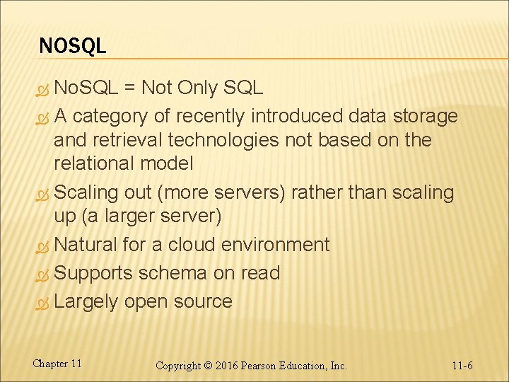 NOSQL No. SQL = Not Only SQL A category of recently introduced data storage NOSQL No. SQL = Not Only SQL A category of recently introduced data storage