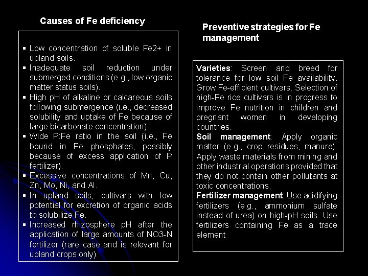 Causes of Fe deficiency § Low concentration of soluble Fe 2+ in upland soils.