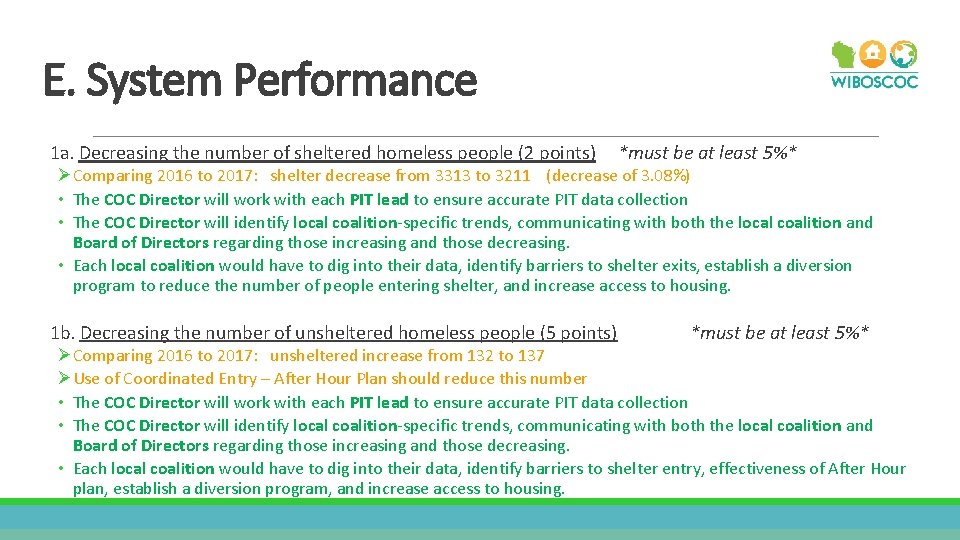 E. System Performance 1 a. Decreasing the number of sheltered homeless people (2 points)