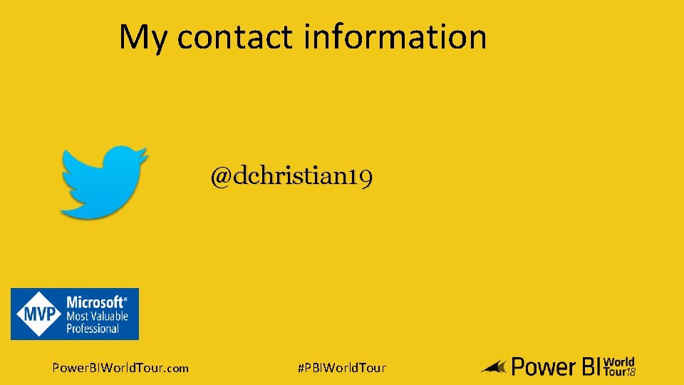 My contact information @dchristian 19 Power. BIWorld. Tour. com #PBIWorld. Tour 