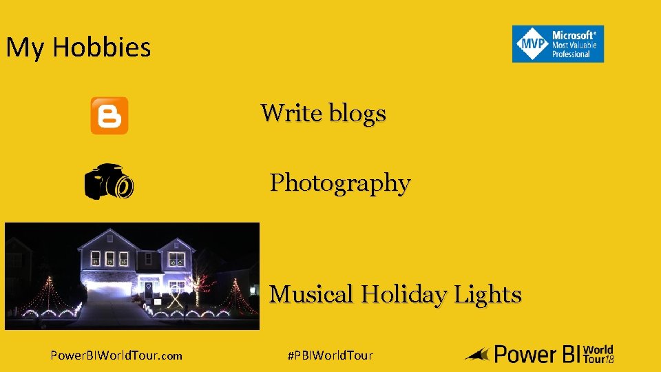 My Hobbies Write blogs Photography Musical Holiday Lights Power. BIWorld. Tour. com #PBIWorld. Tour