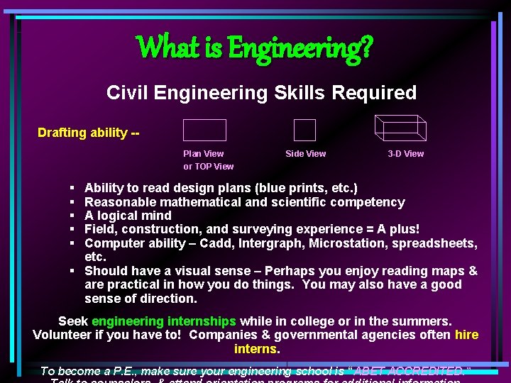 What is Engineering? Civil Engineering Skills Required Drafting ability -Plan View Side View 3