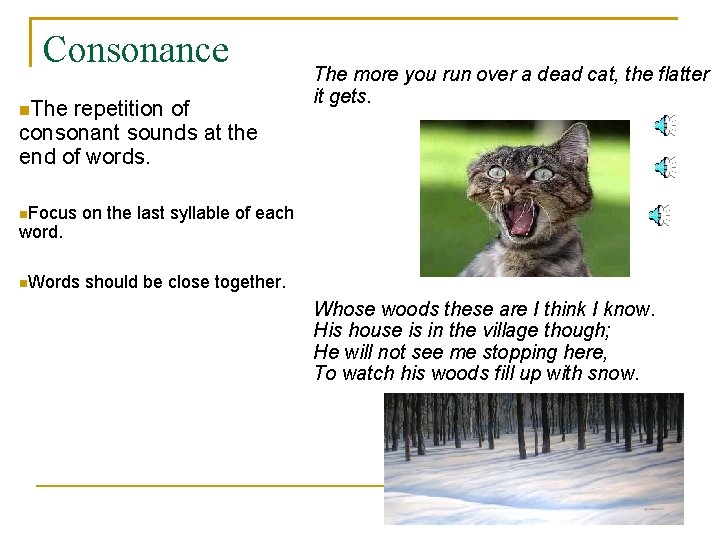 Consonance The repetition of consonant sounds at the end of words. Focus on the
