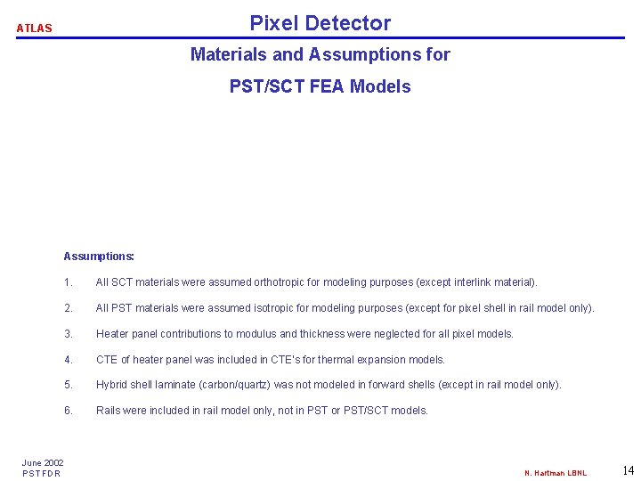 Pixel Detector ATLAS Materials and Assumptions for PST/SCT FEA Models Assumptions: June 2002 PST