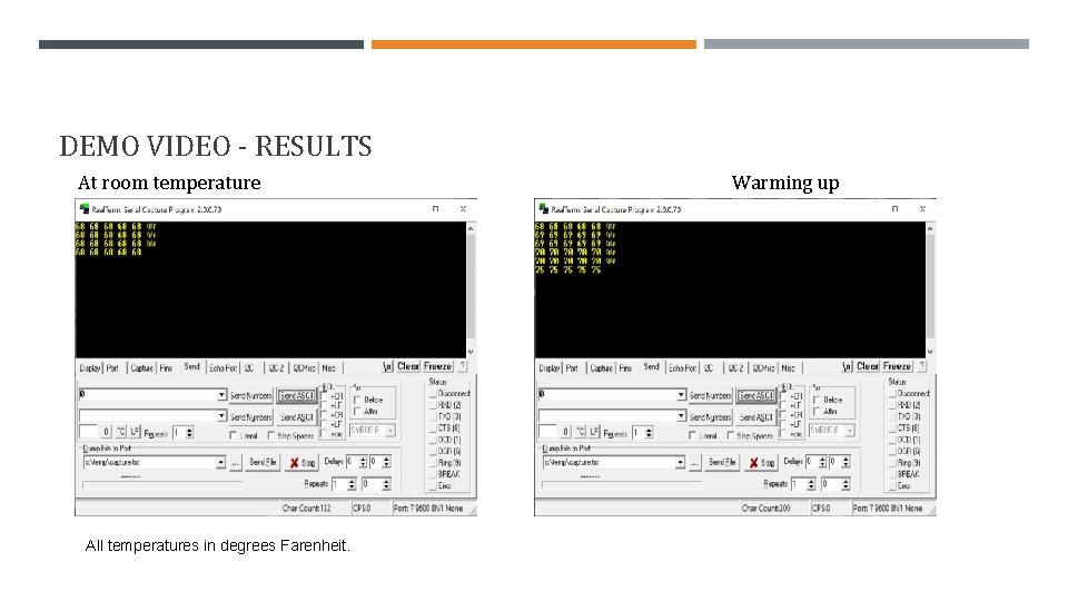 DEMO VIDEO - RESULTS At room temperature All temperatures in degrees Farenheit. Warming up