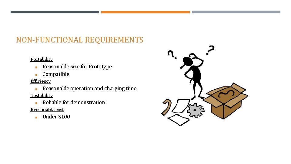 NON-FUNCTIONAL REQUIREMENTS Portability ■ ■ Reasonable size for Prototype Compatible Efficiency ■ Reasonable operation