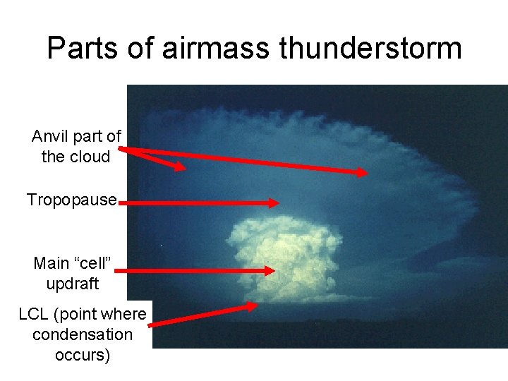 Parts of airmass thunderstorm Anvil part of the cloud Tropopause Main “cell” updraft LCL